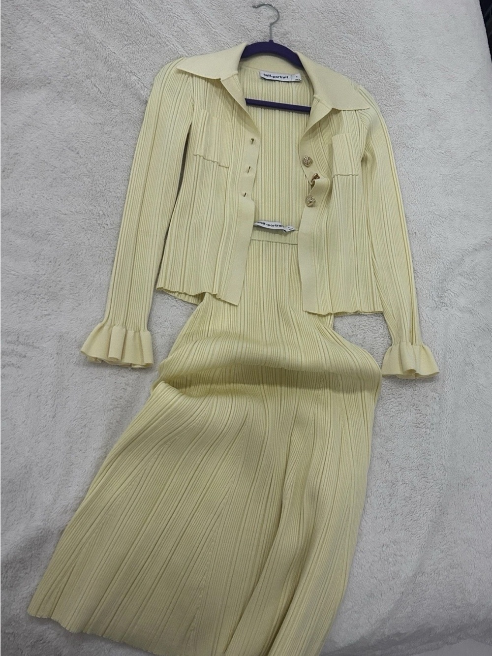 Self-Portrait Pale Yellow Ribbed Knit Dress and Jacket Set - Picture 2 of 2